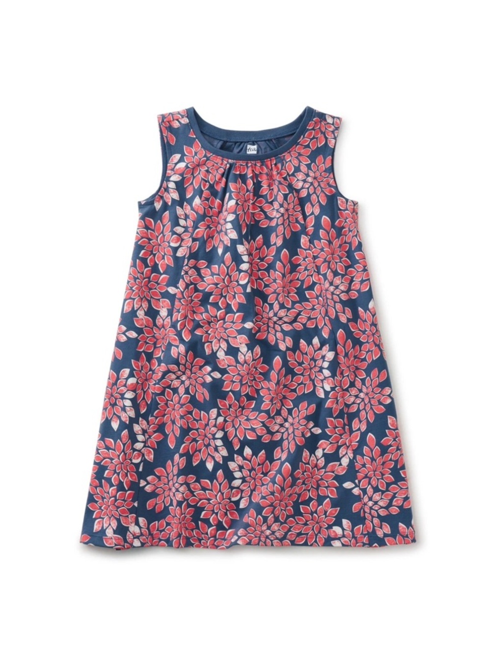 Tea Collection Girls Sleeveless Trapeze Dress w/ Floral Print Size 7 Blue & Pink